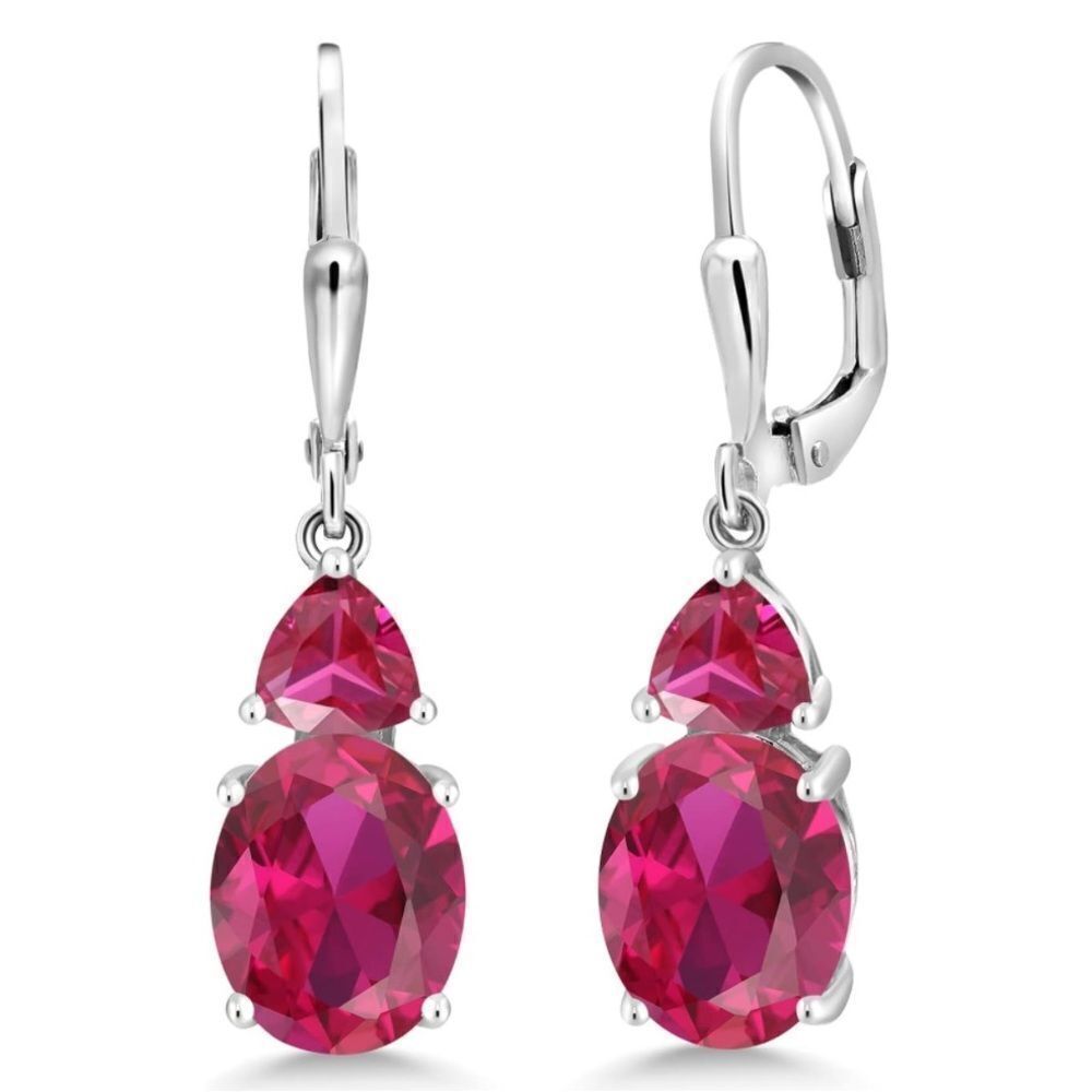 925 Sterling Silver with 6.86 Cttw Ruby Leverback Dangling Drop Earrings